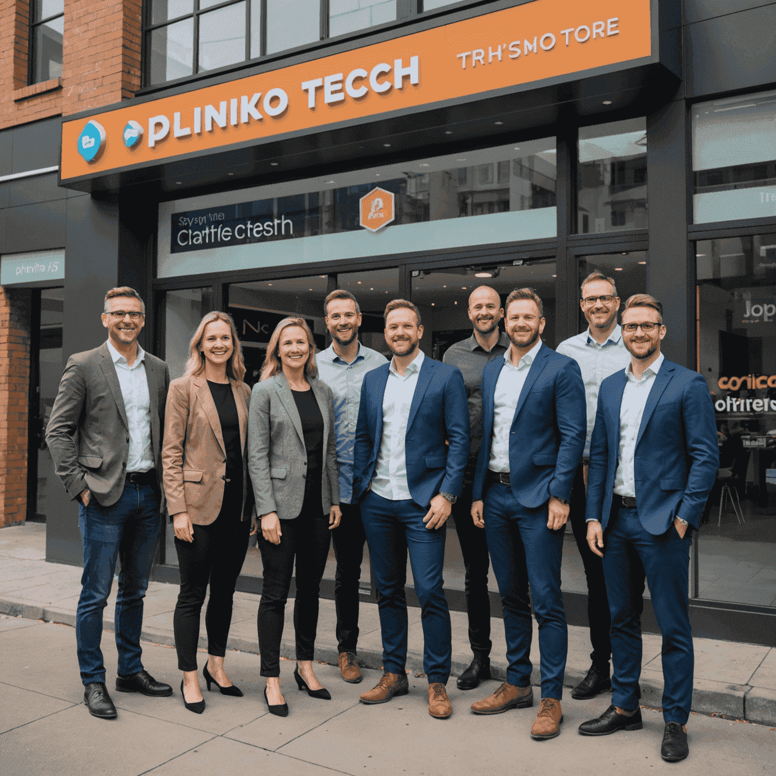 The Plinko Tech Store team standing in front of their Sydney office. The diverse group of employees are smiling and wearing casual business attire. The office facade features the Plinko Tech Store logo.