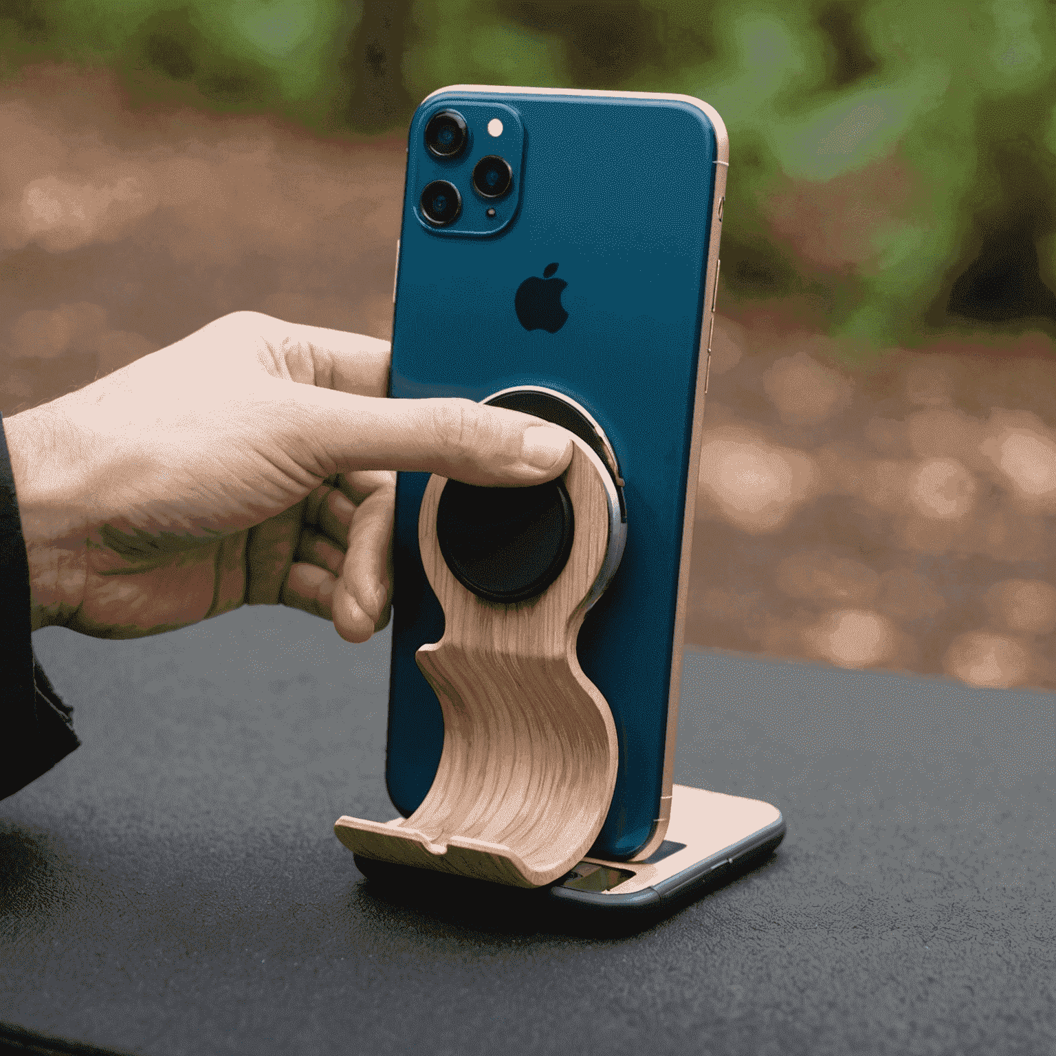 A collapsible pop-up grip attached to the back of a smartphone, demonstrating its use as both a grip and a stand