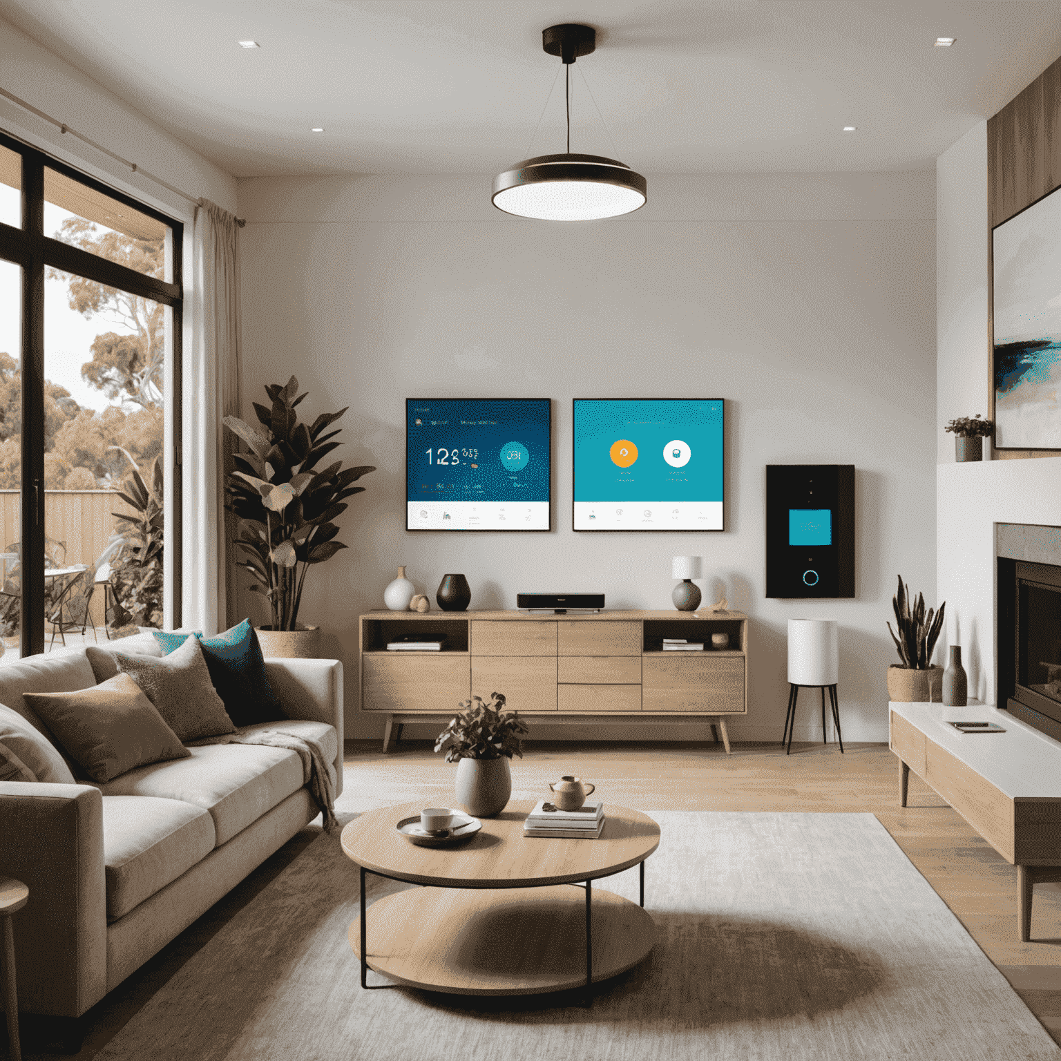 A modern Australian living room showcasing various smart home devices, including a voice-controlled assistant, smart lighting, and a smart thermostat