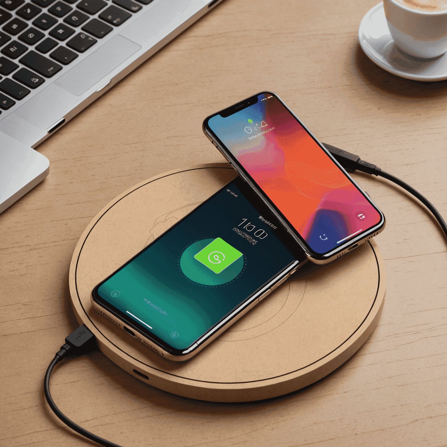 A sleek, circular wireless charging pad with a smartphone placed on top, showing the charging process