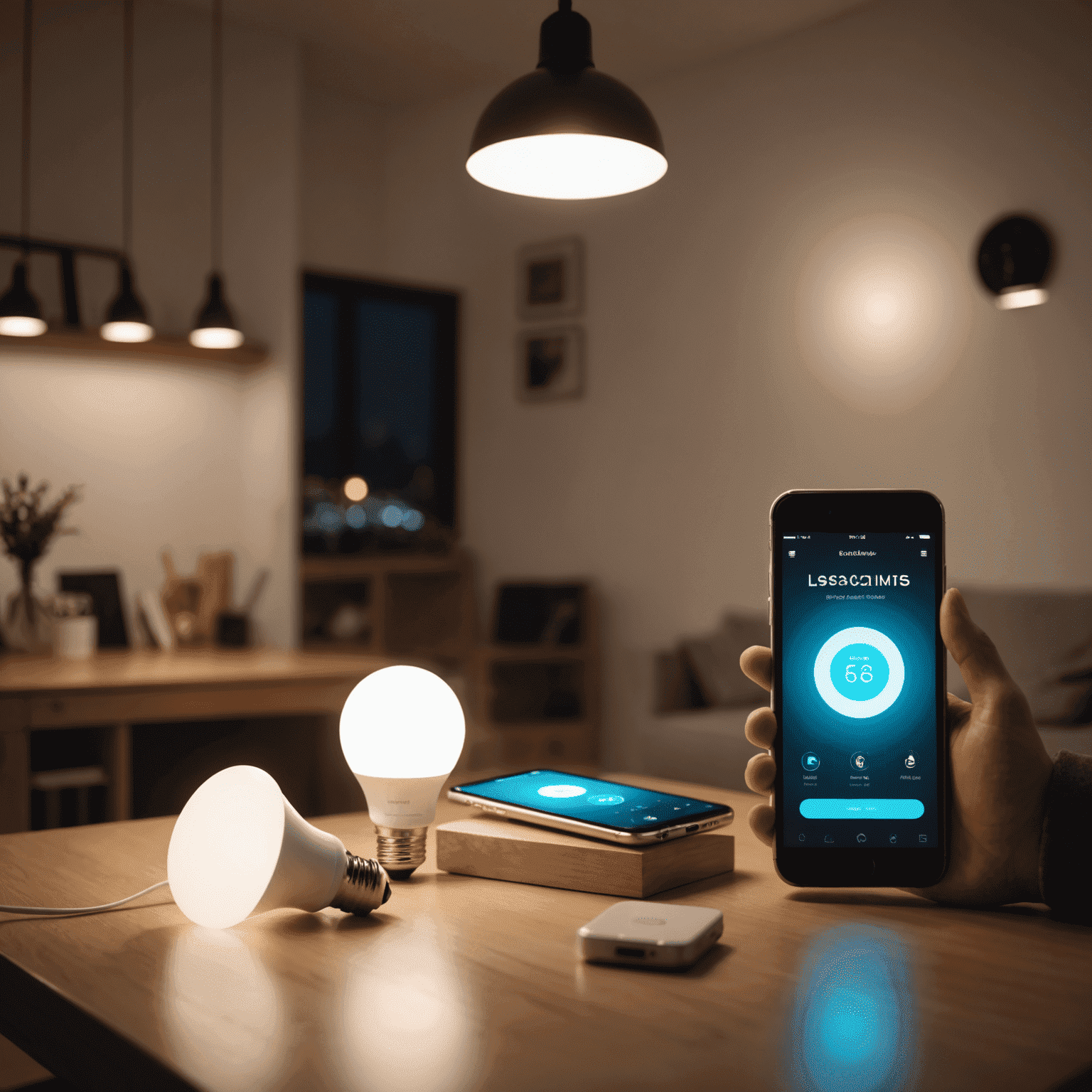 A collection of smart light bulbs and a smartphone displaying a lighting control app