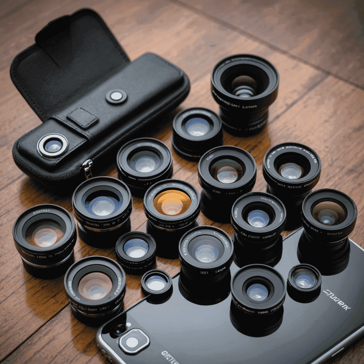 A set of clip-on camera lenses including wide-angle, fisheye, and macro options, with one attached to a smartphone camera