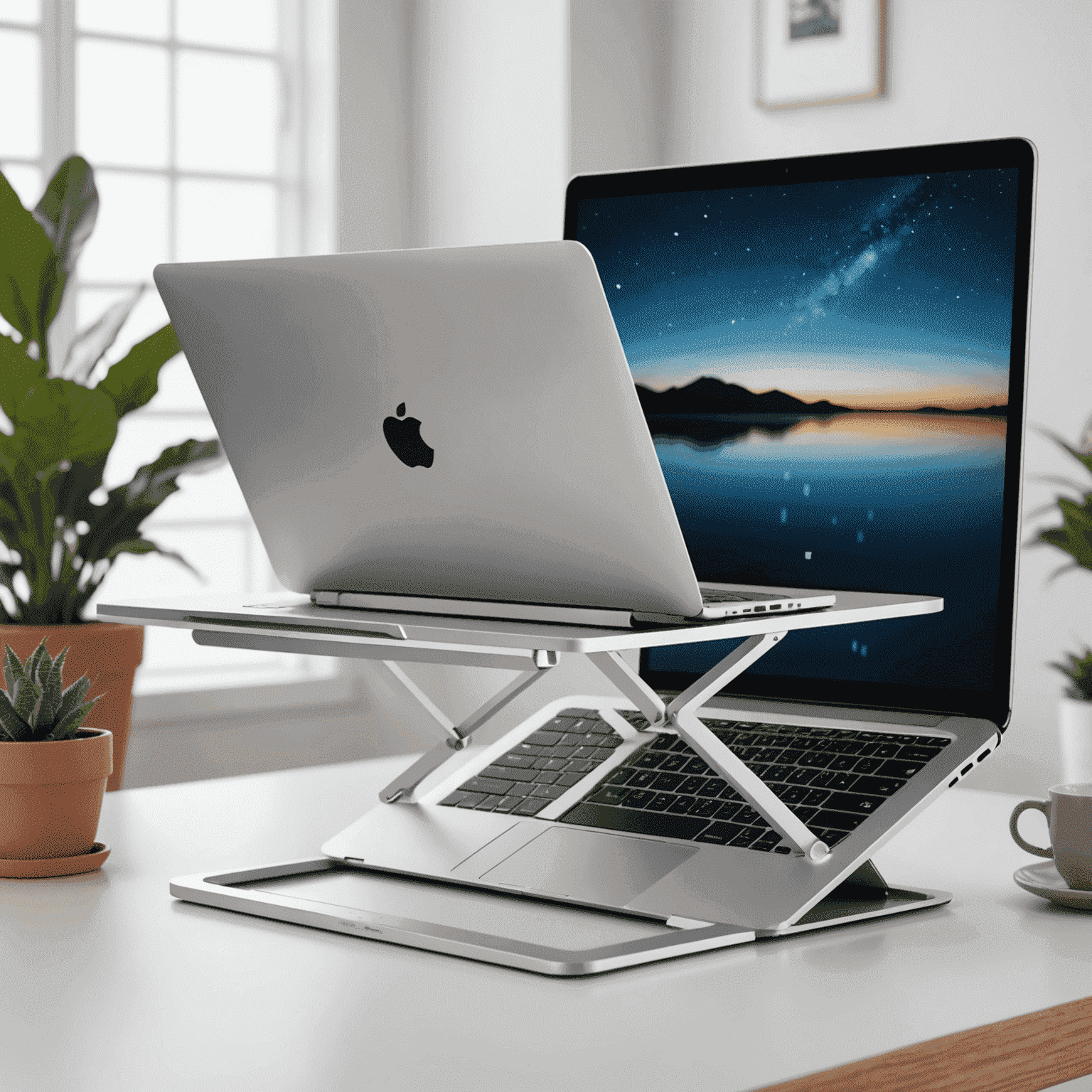 An ergonomic laptop stand made of aluminum, elevating a laptop for better airflow