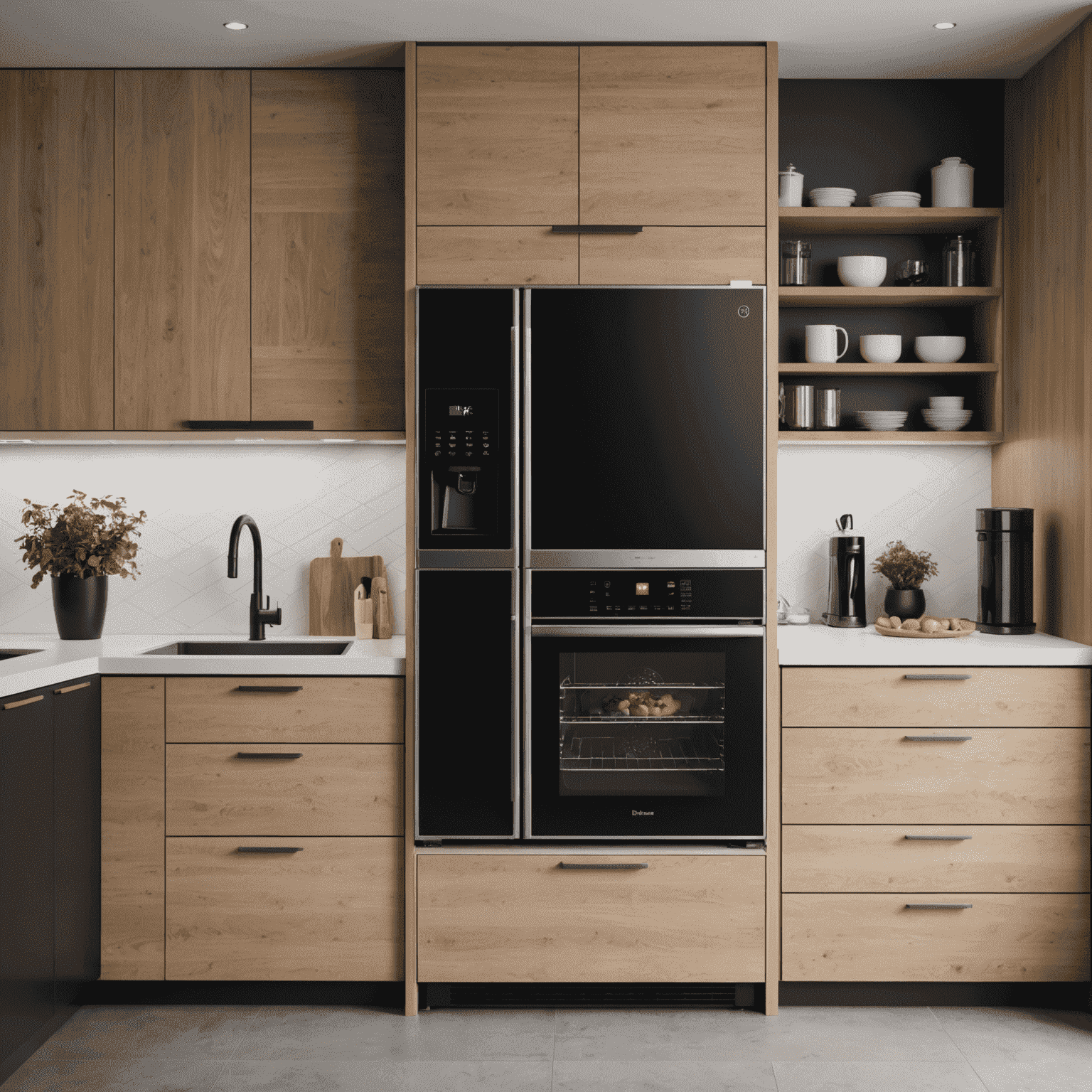 A modern kitchen with smart appliances, including a refrigerator with a touchscreen display and a smart oven