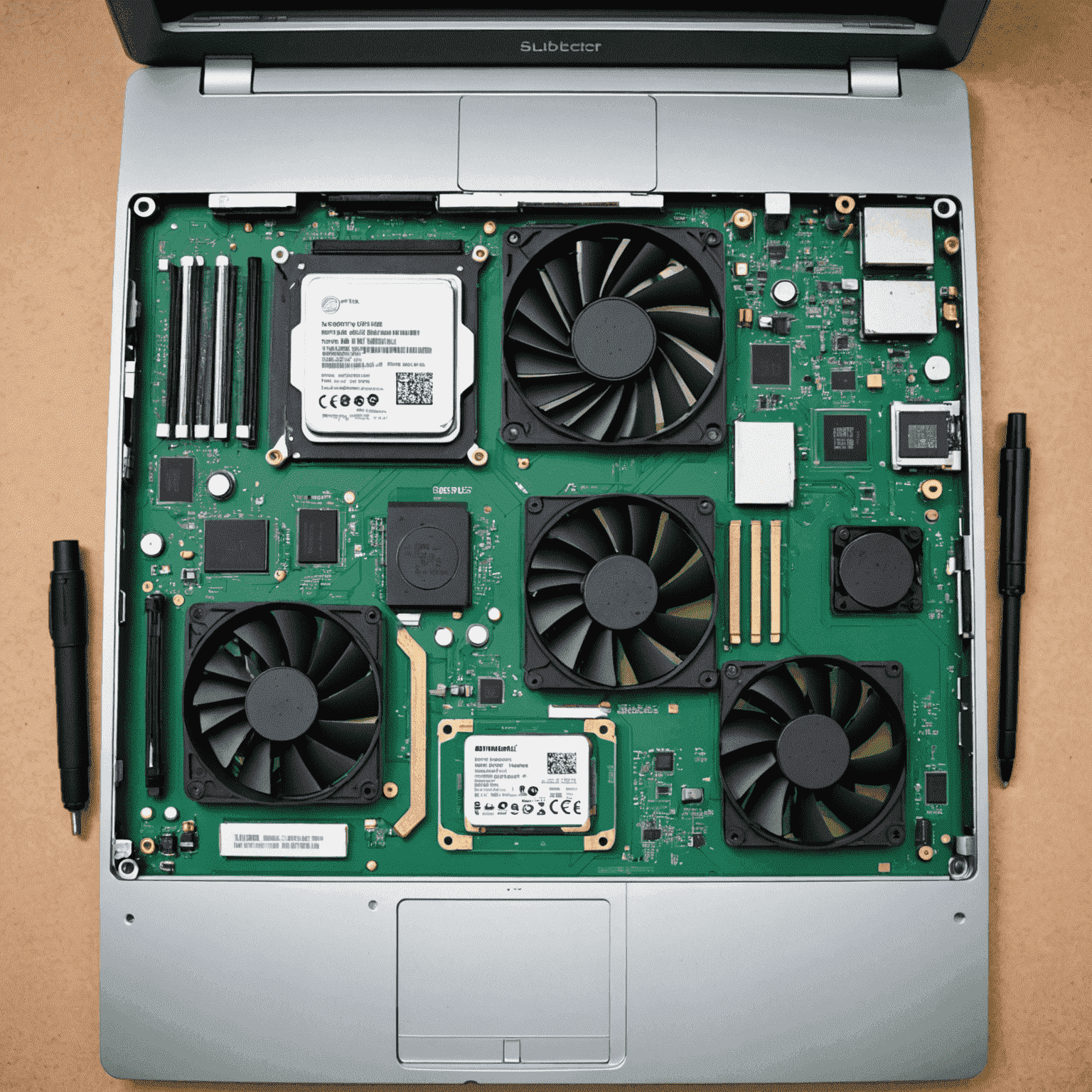 Internal components of a laptop including CPU, thermal paste, and cooling fans