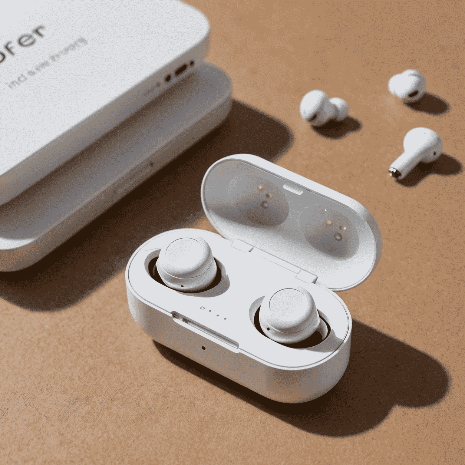 A pair of sleek, white wireless earbuds with a charging case, made from sustainable materials and featuring minimal plastic packaging