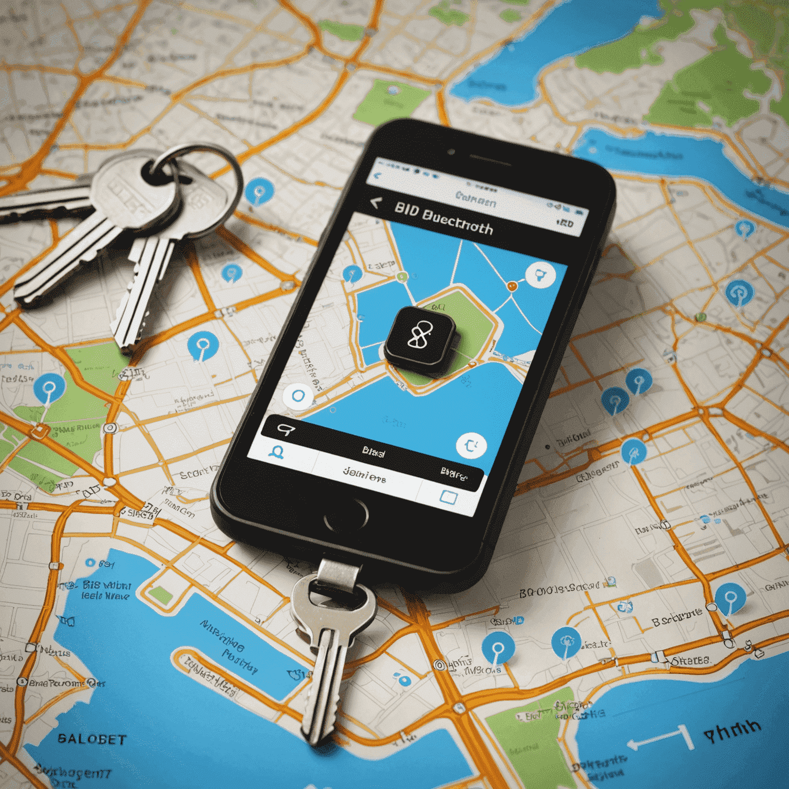 A small, square Bluetooth tracking tag attached to a set of keys, with a smartphone displaying its location on a map app