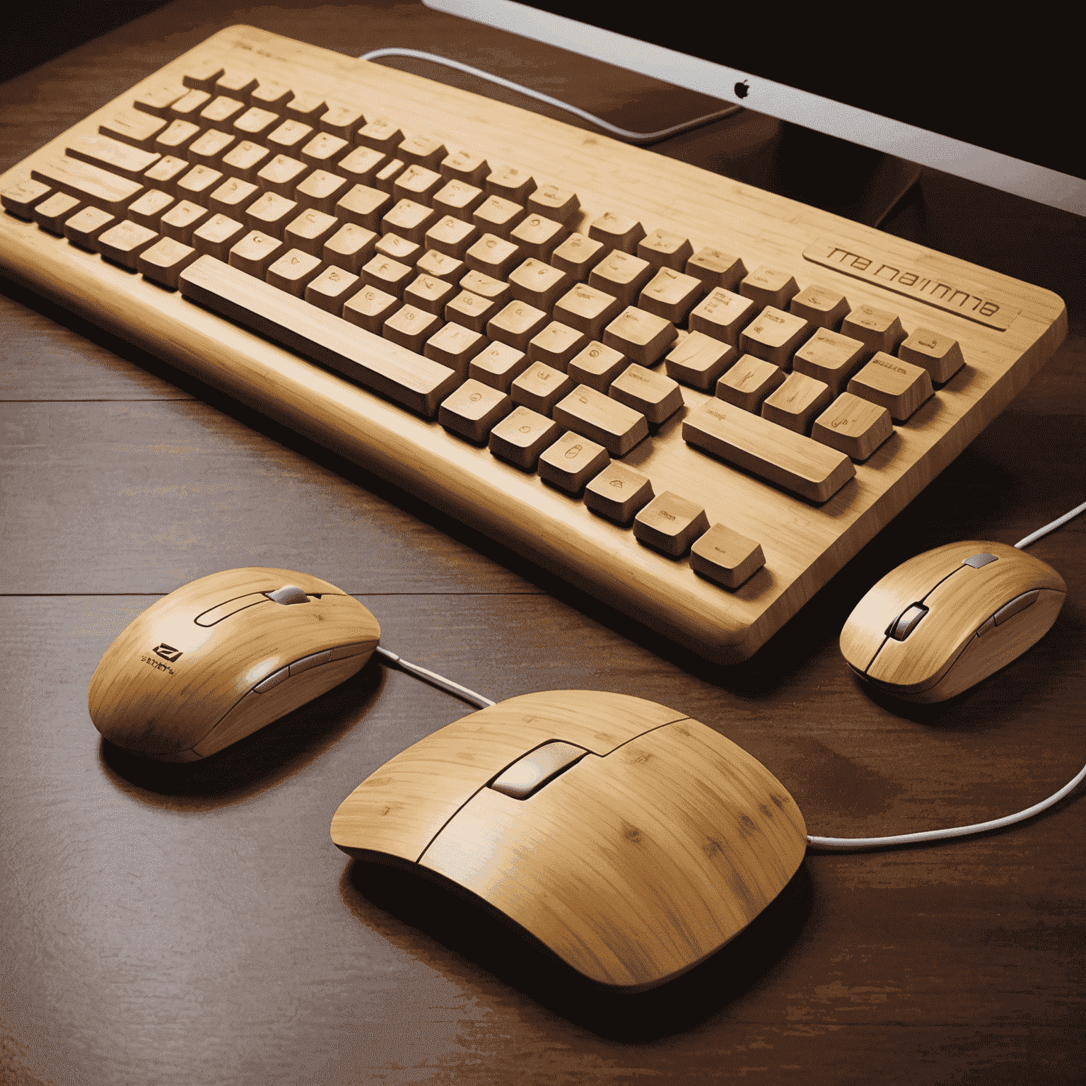 An elegant bamboo keyboard and mouse set, showcasing the natural grain of the wood and ergonomic design